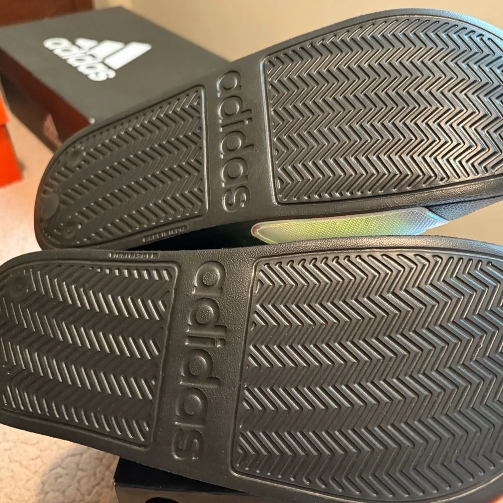 Brand New Adidas Multi-Color Slide Sandals with Black Footbed.